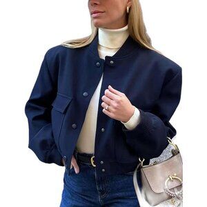 Women's Bomber Varsity Blue Button Down Pockets Closure Jacket Cropped Coat